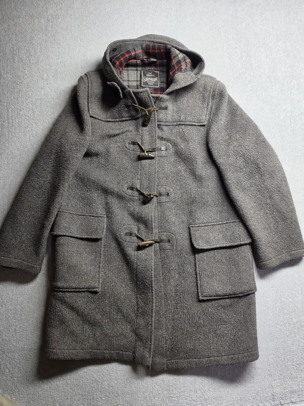 VTG GLOVERALL English Duffle Coat Jacket Gray Hooded Women 42 Plaid Lined Toggle
